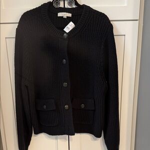 LOFT Black Chunky Knit Button-Front Cardigan